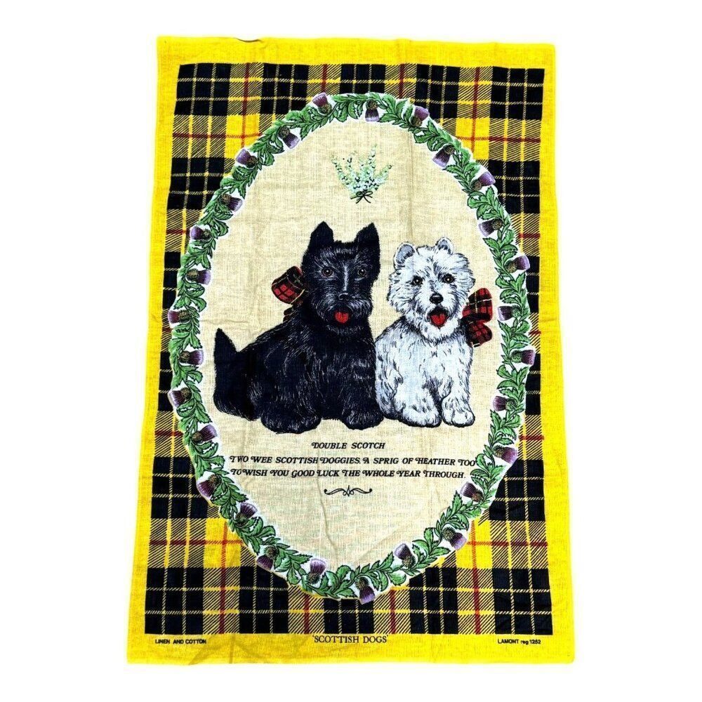 Vintage Lamont Scottish Dogs Tea Towel Scottie Yellow Black Plaid Boho KItsch